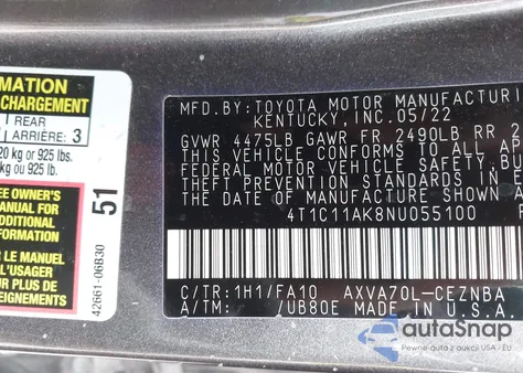 2022 Toyota Camry Le from USA, damaged, VIN 4T1C11AK8NU055100